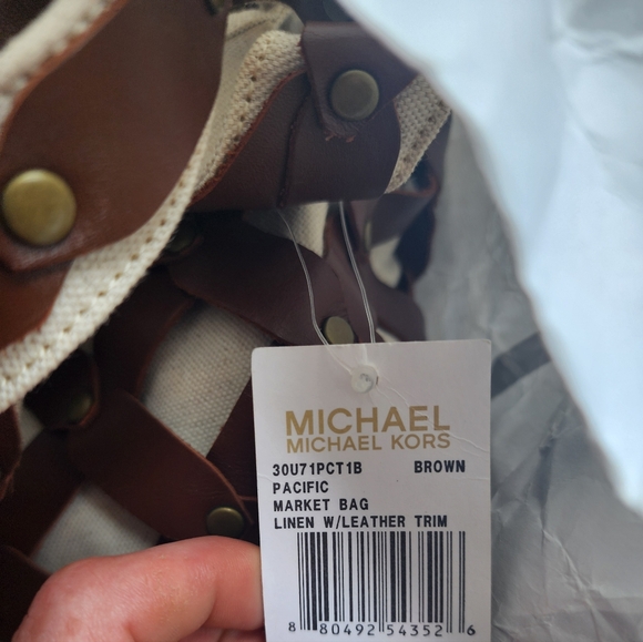 MICHAEL Michael Kors. Linen & Leather Pacific Market Bag. Brown & Tan - Picture 6 of 13